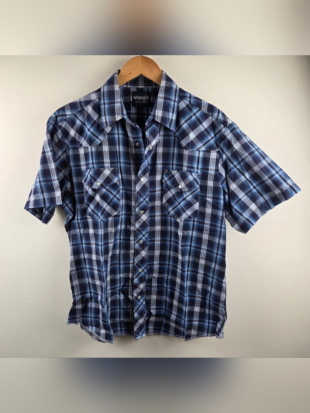 Wrangler Western Shirt Mens Large Blue Short Sleeve Button Up Pearl Snap